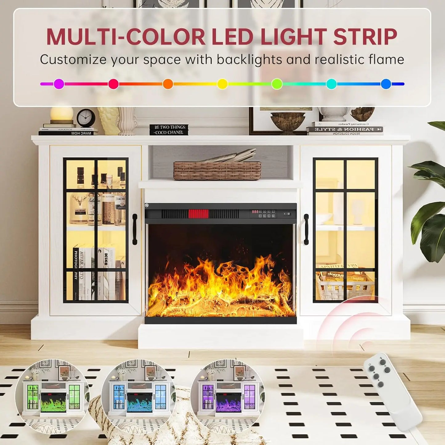 XMSJ Glass Fireplace TV Stand Three Sided Glass Doors