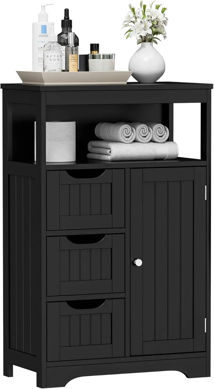 Black Bathroom Floor Cabinet Storage Organizer With 1 Door And 3 Drawers And Adjustable Shelf