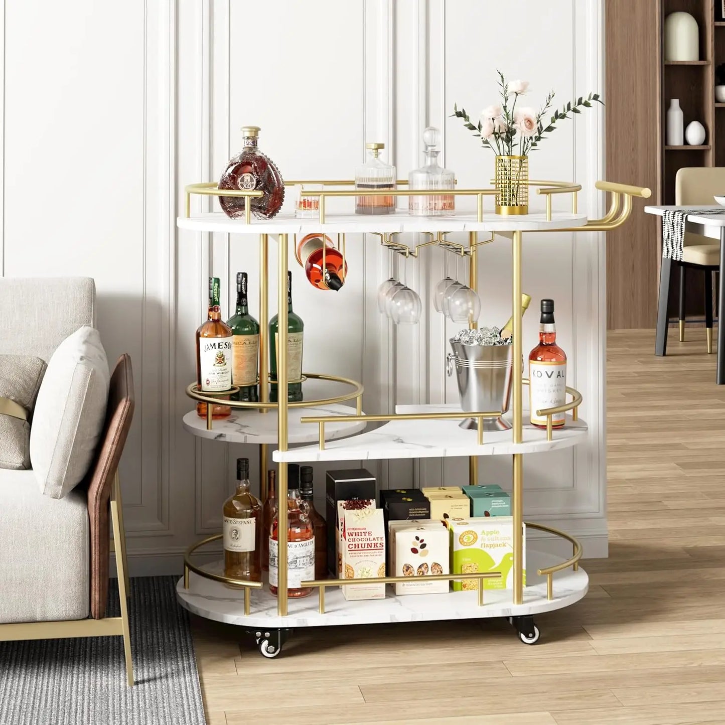 HobbyLane Gold Bar Cart On Wheels With 4 Tier Storage And 360 Degree Rotating Turntable For Entertaining