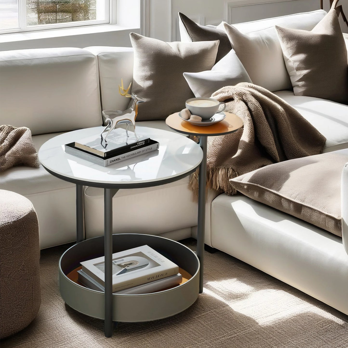 Unique 3 Tier Table With Stone Top And Leather Shelves