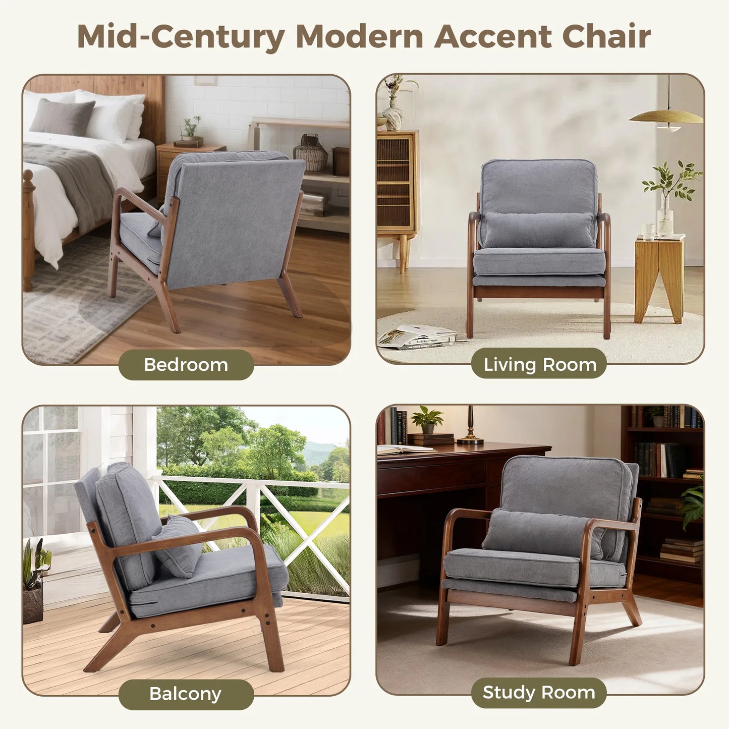 JHK Mid Century Modern Solid Wood Frame Accent Chair With Rubberwood Construction For Durable Comfort