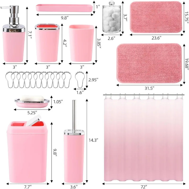 Hign Concerned Bathroom Accessory Set With Pink Ombre Shower Curtain And Coordinating Rugs Water Resistant