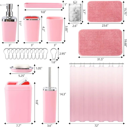 Hign Concerned Bathroom Accessory Set With Pink Ombre Shower Curtain And Coordinating Rugs Water Resistant