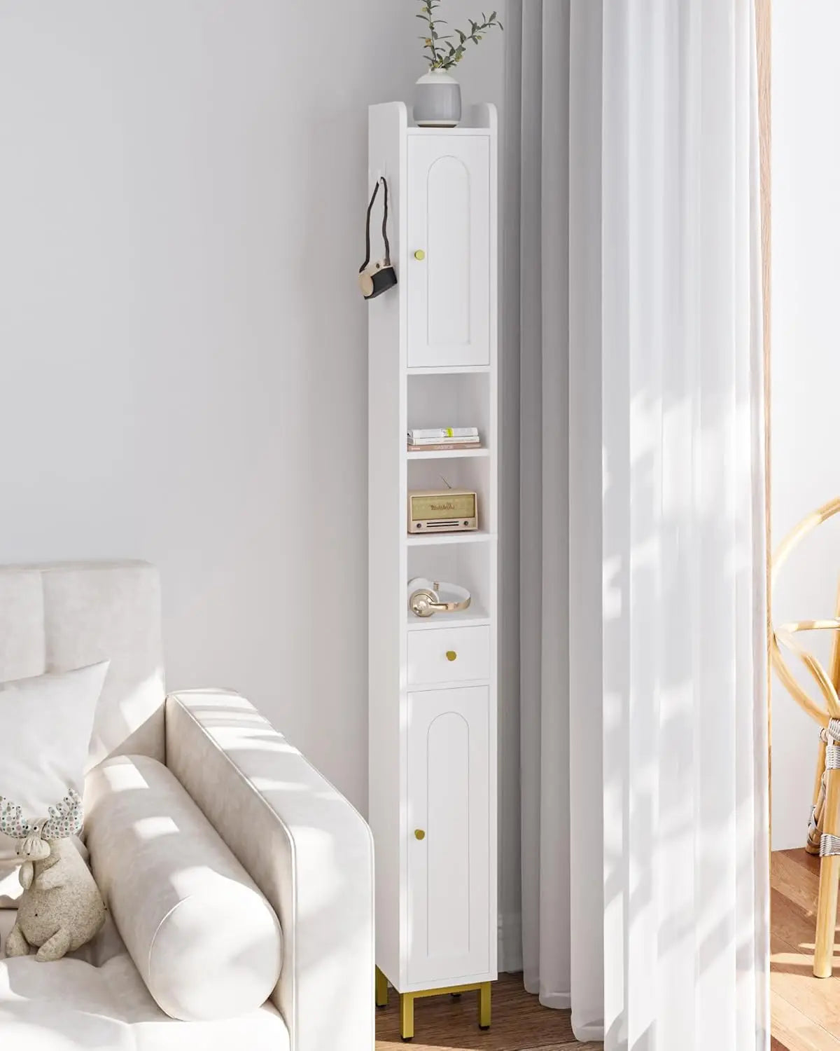 XMSJ Freestanding Bathroom Cabinet With Adjustable Shelves Architectural Arch Doors White Finish