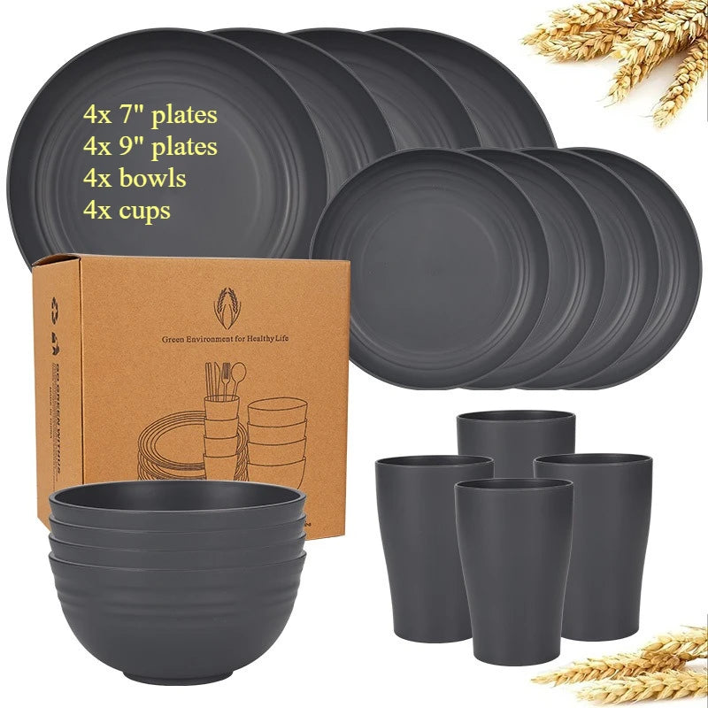 Natural Wheat Straw Tableware Set Plates Bowls Cups Biodegradable Lightweight Eco Friendly Dinnerware