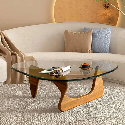 Modern Triangle Glass Coffee Table With Wooden Base From Folded Featuring Tempered Glass Top For Modern Living Rooms