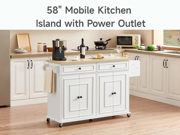 58 Inch Mobile Kitchen Island Cart With Drop Leaf And Power Outlet For Flexible Cooking Prep And Storage