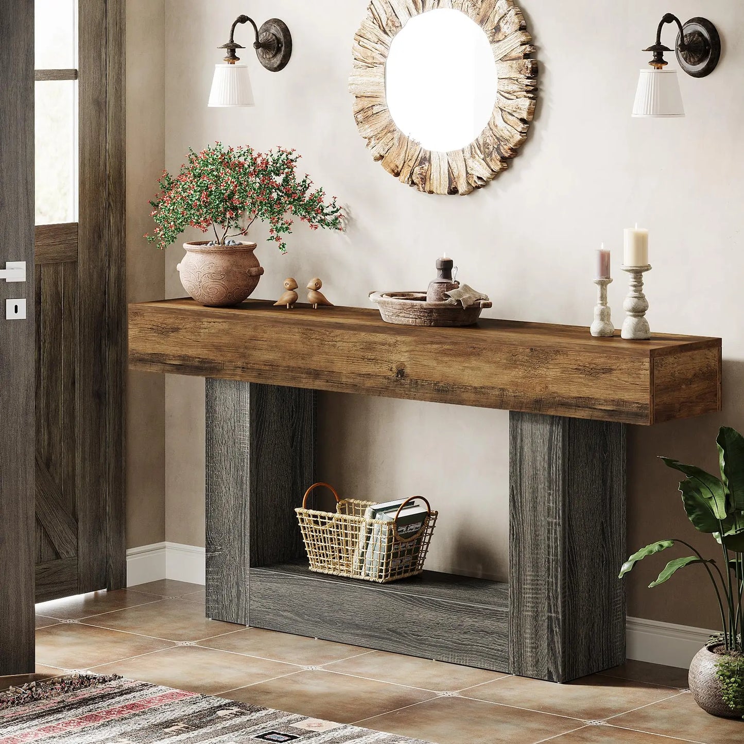 Tribesigns Farmhouse Console Table With U Shaped Base Two Tier Entryway 63 Inch Rustic Brown Top Vintage Gray