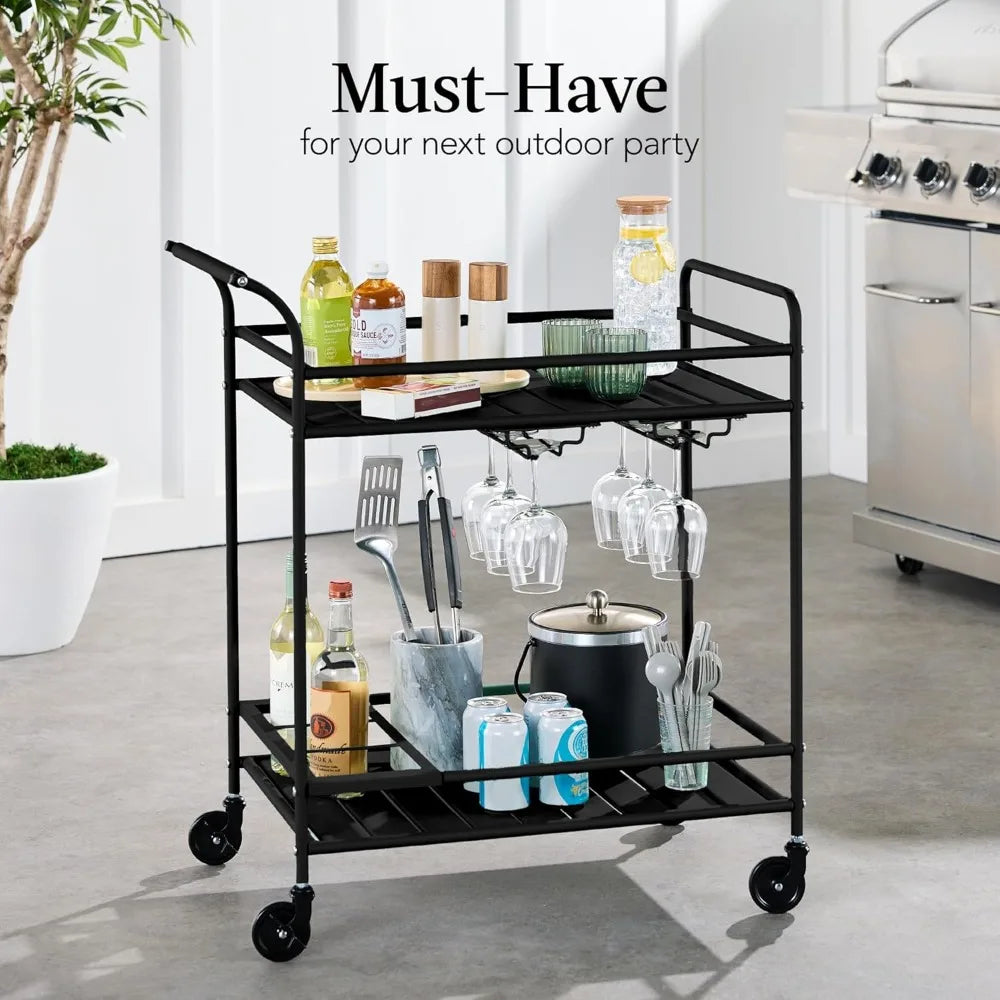 Outdoor Mobile Bar Cart With 2 Tier Storage Lockable Wheels
