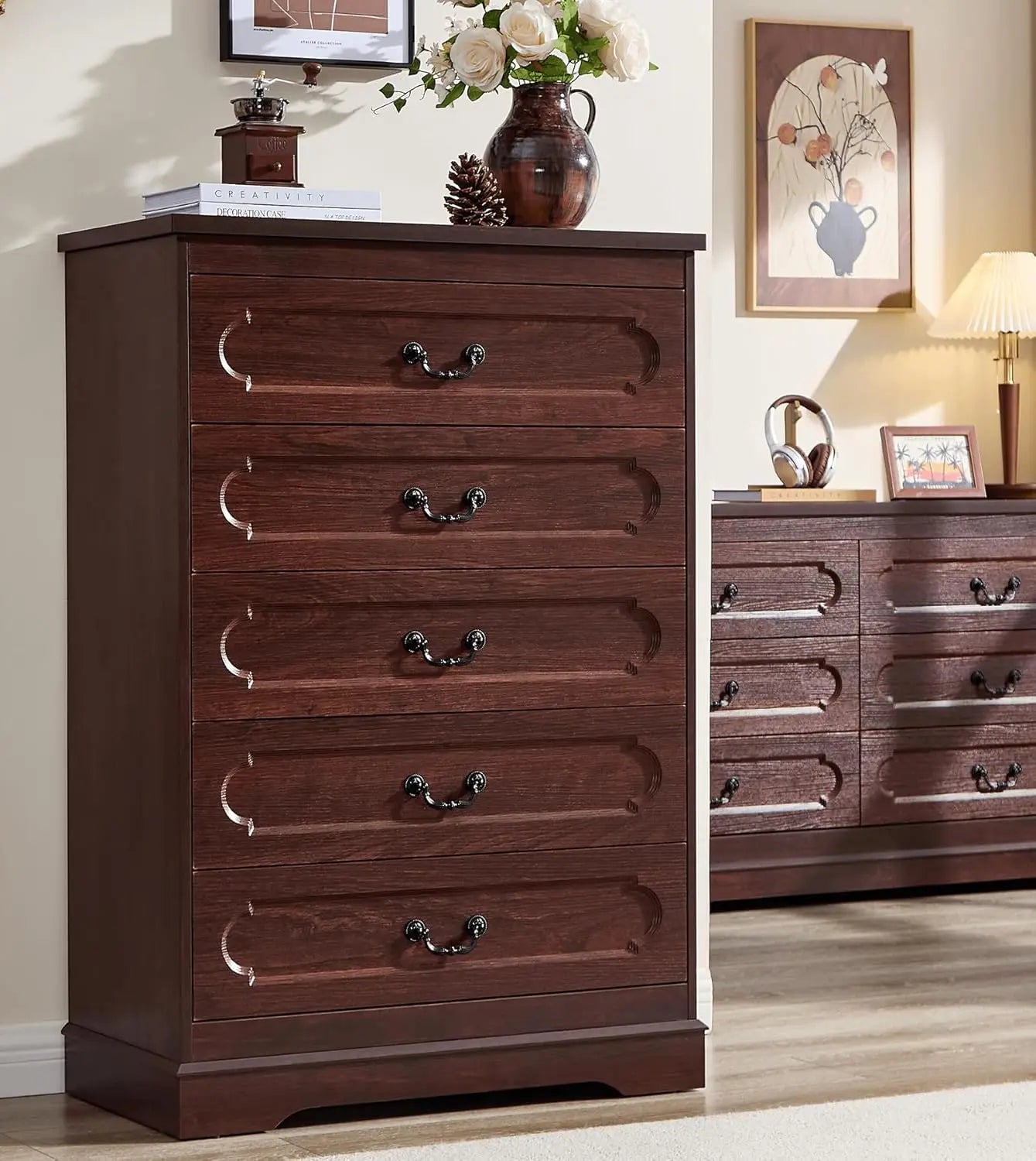 General Farmhouse Dresser Cherry Wood Bedroom Rustic Five Drawer Storage Chest With Durable Engineered Construction
