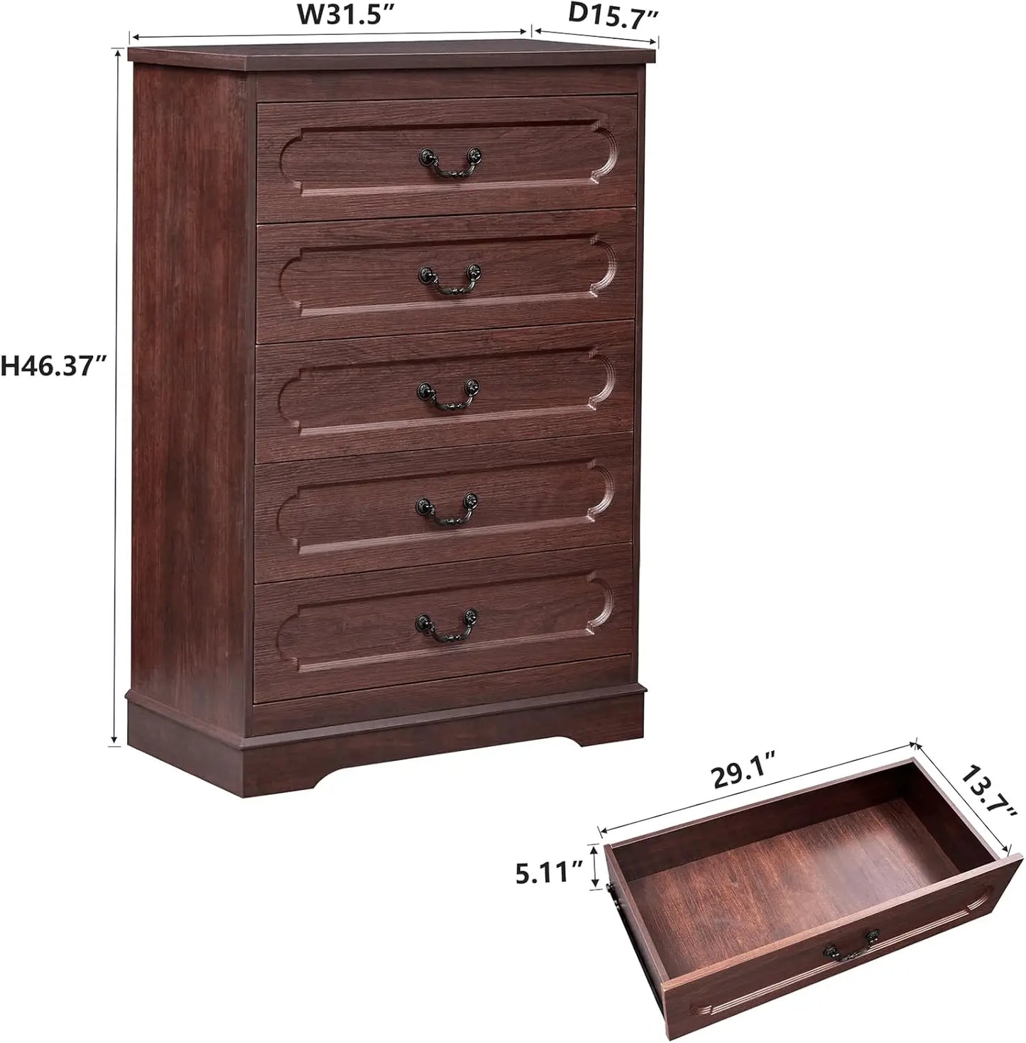 General Farmhouse Dresser Cherry Wood Bedroom Rustic Five Drawer Storage Chest With Durable Engineered Construction