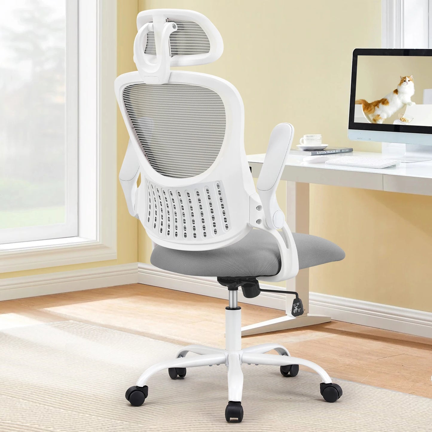 JHK Ergonomics Mesh Office Chair With Flip Up Arms Lumbar Support Mesh Back High Density Foam Seat
