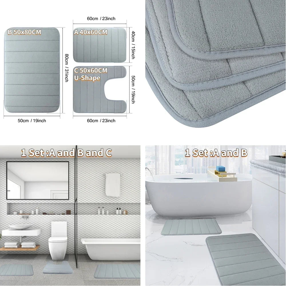 Memory Foam Bath Mat Set Non Slip Absorbent Washable