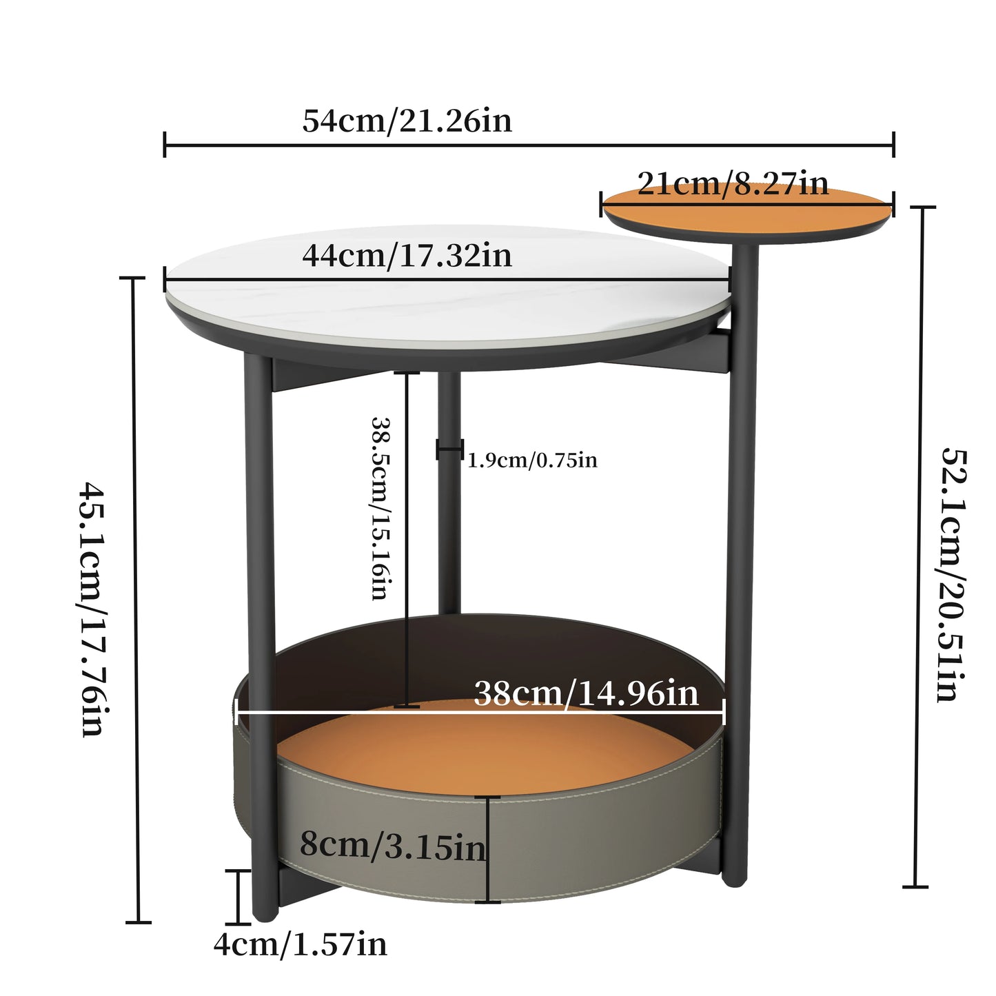 Unique 3 Tier Table With Stone Top And Leather Shelves