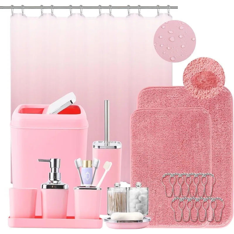 Hign Concerned Bathroom Accessory Set With Pink Ombre Shower Curtain And Coordinating Rugs Water Resistant