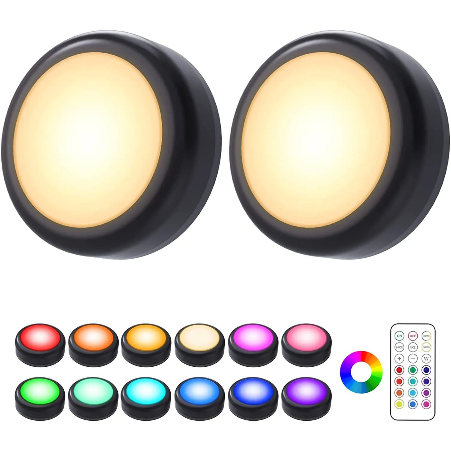 JGTC RGBW LED Puck Lights Under Cabinet With Remote Control 16 Color Schemes Dimmable Brightness