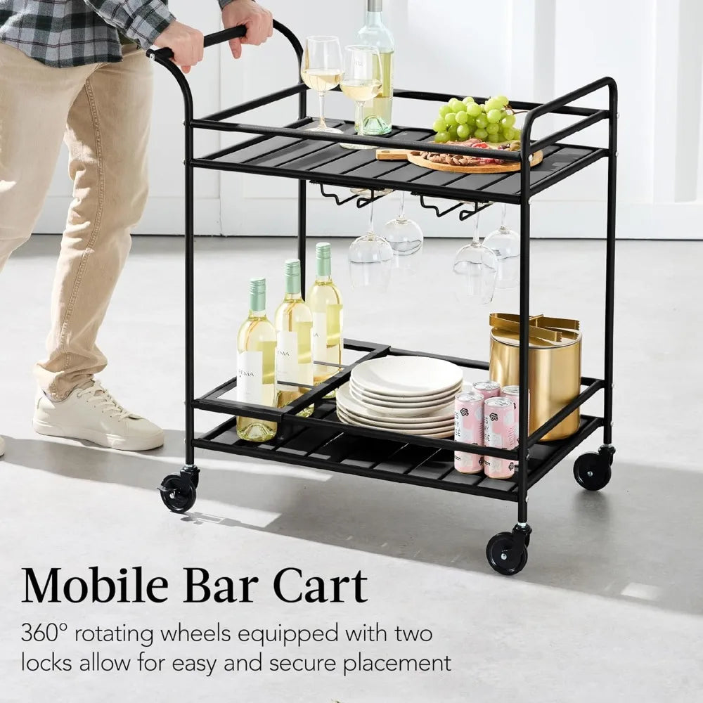 Outdoor Mobile Bar Cart With 2 Tier Storage Lockable Wheels