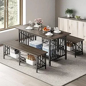 YANYING Rustic Industrial 3 Piece Dining Table Set Benches