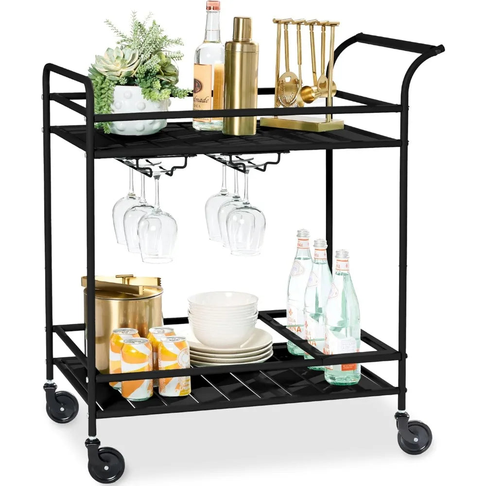 Outdoor Mobile Bar Cart With 2 Tier Storage Lockable Wheels