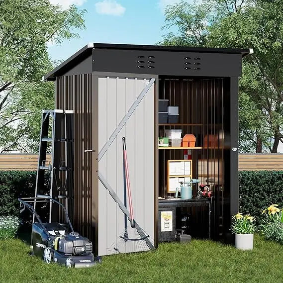 Outdoor Metal Storage Shed With Lockable Doors And Sloped Roof Weatherproof Galvanized Steel