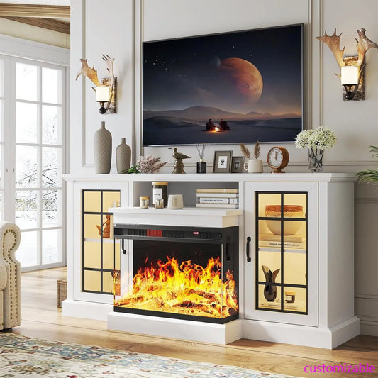 XMSJ Glass Fireplace TV Stand Three Sided Glass Doors