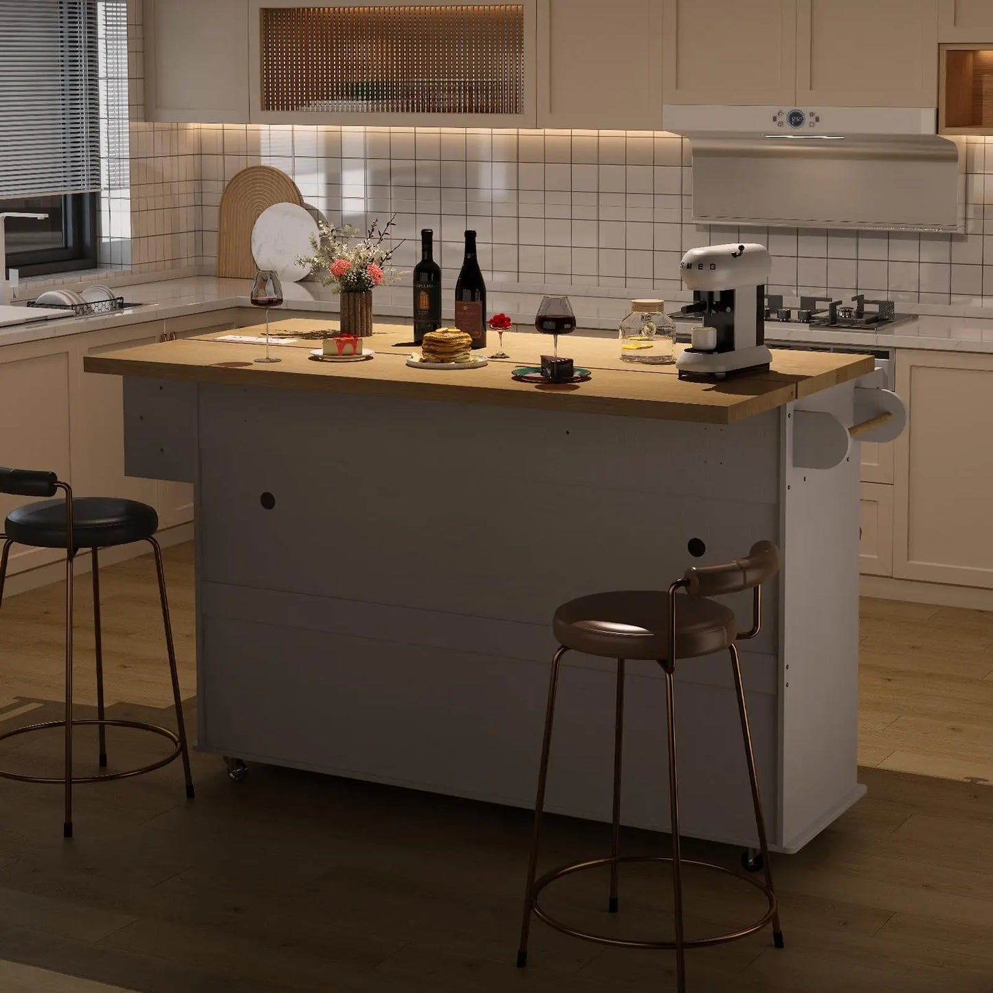 ONBRILL Mobile Kitchen Island with Drop Leaf Power Outlet