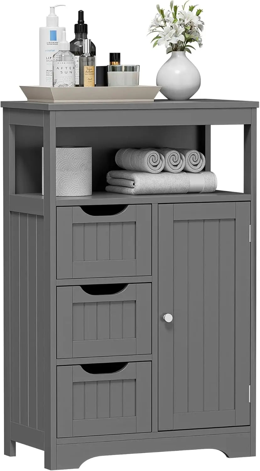 Black Bathroom Floor Cabinet Storage Organizer With 1 Door And 3 Drawers And Adjustable Shelf