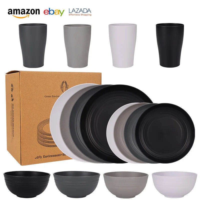 Natural Wheat Straw Tableware Set Plates Bowls Cups Biodegradable Lightweight Eco Friendly Dinnerware