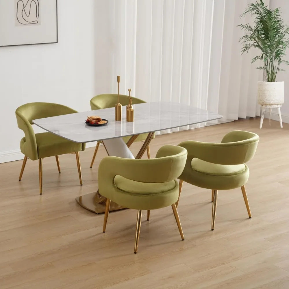 Huanzhuang Velvet Upholstered Dining Chairs Open Back Arm Gold Legs for Modern Dining Room