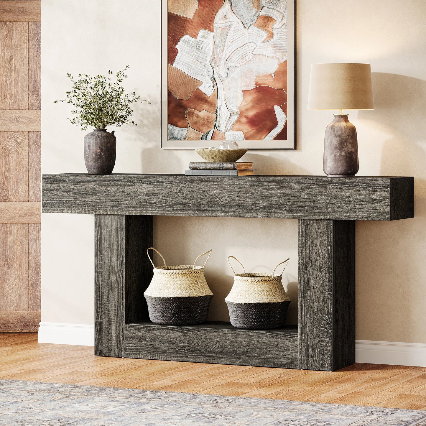 Tribesigns Farmhouse Console Table With U Shaped Base Two Tier Entryway 63 Inch Rustic Brown Top Vintage Gray