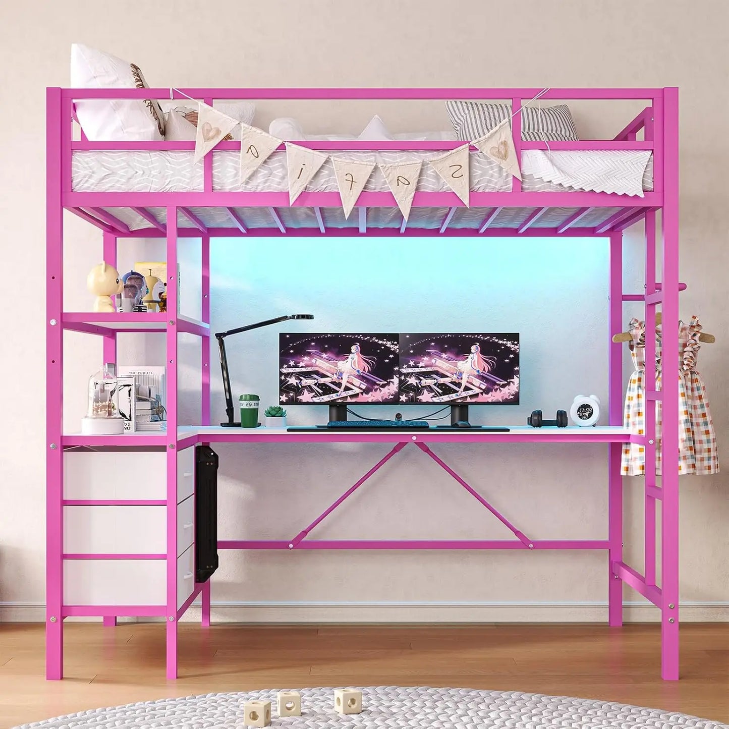XMSJ Loft Bed With L Shaped Desk LED Lights Storage Shelves