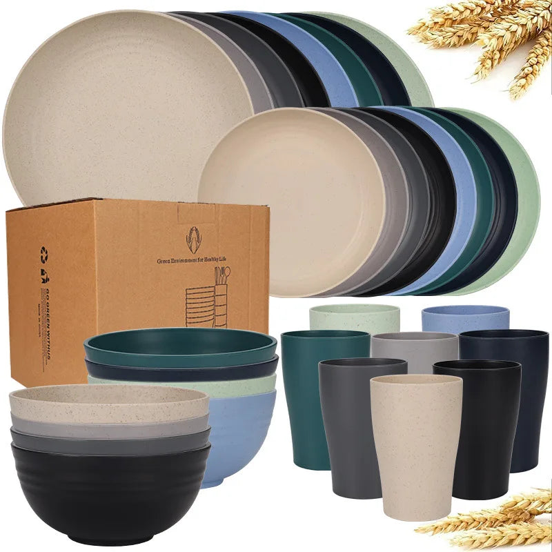 Natural Wheat Straw Tableware Set Plates Bowls Cups Biodegradable Lightweight Eco Friendly Dinnerware
