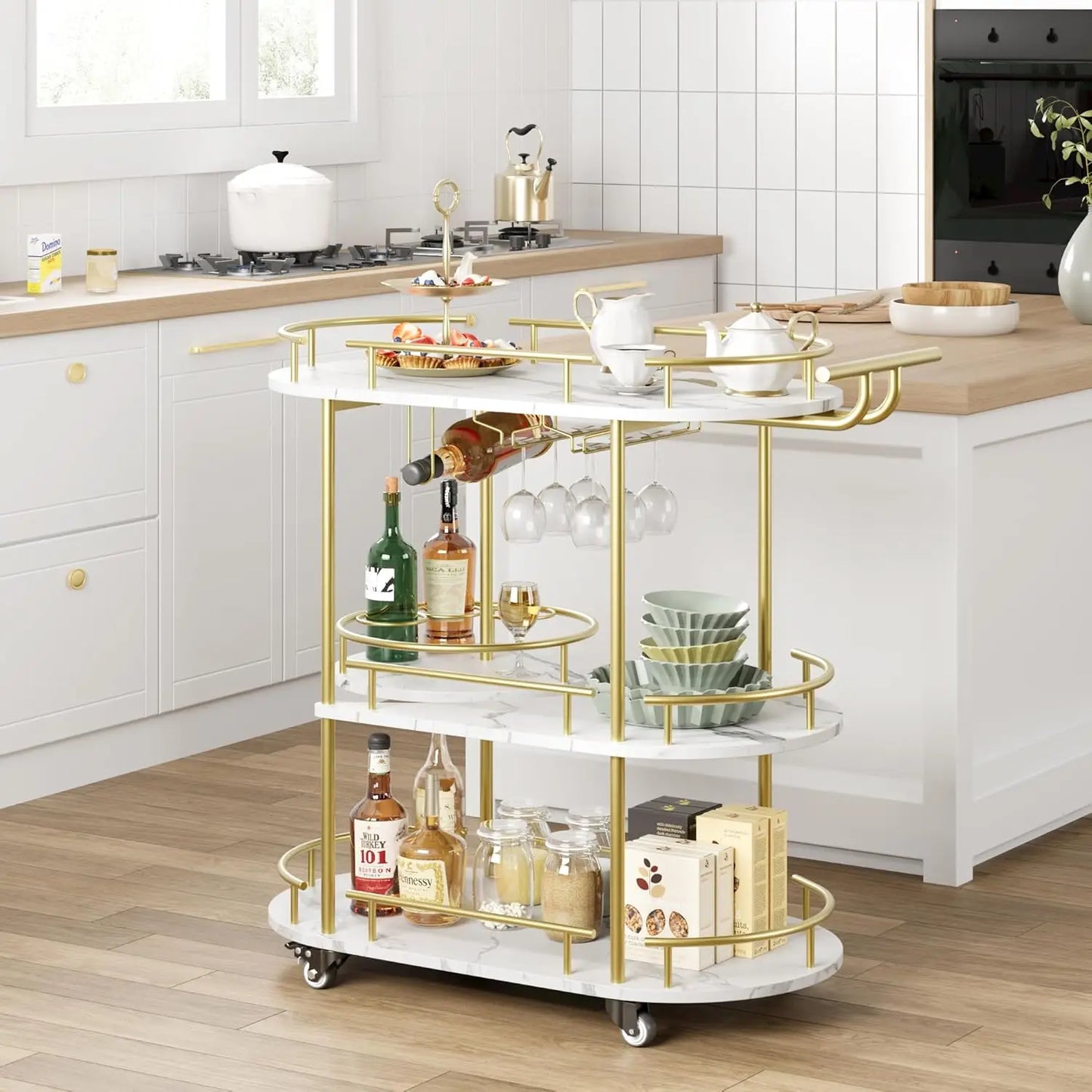HobbyLane Gold Bar Cart On Wheels With 4 Tier Storage And 360 Degree Rotating Turntable For Entertaining