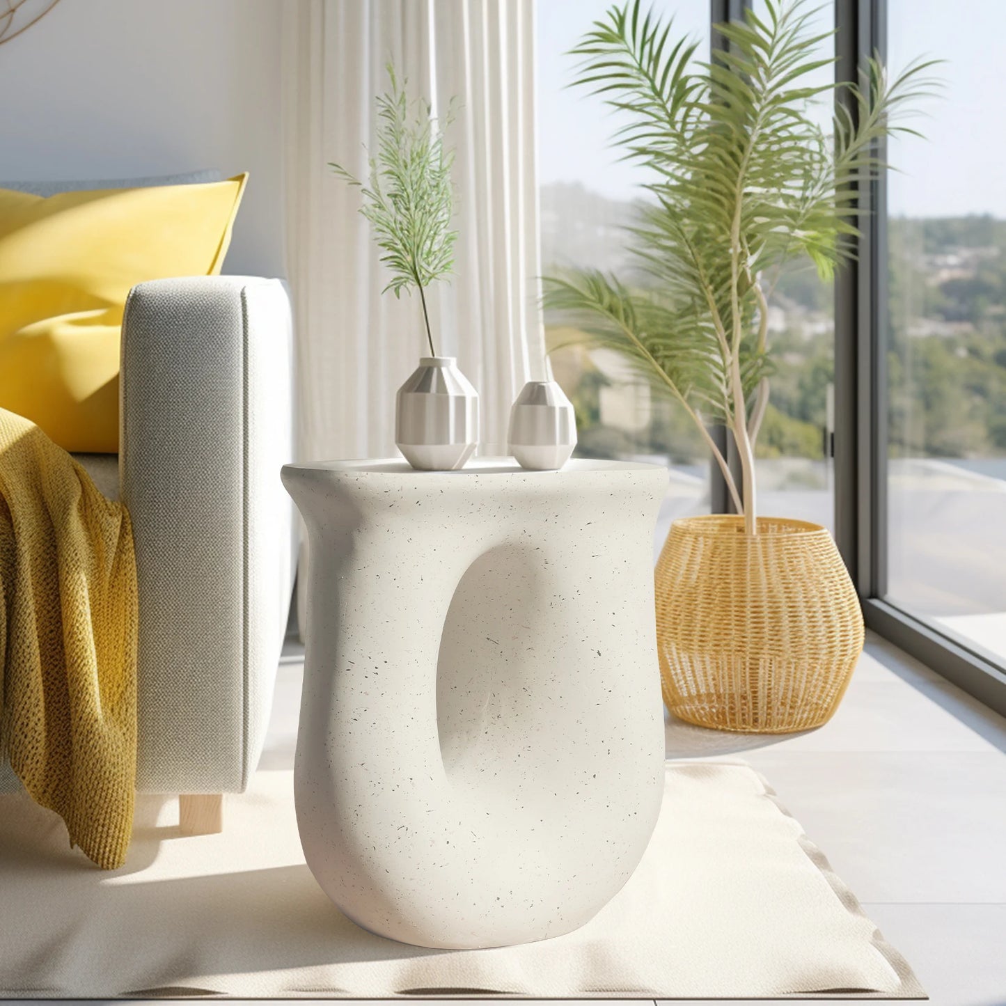 U Shaped Geometric Concrete Side Table Modern Nightstand Accent No Assembly Required