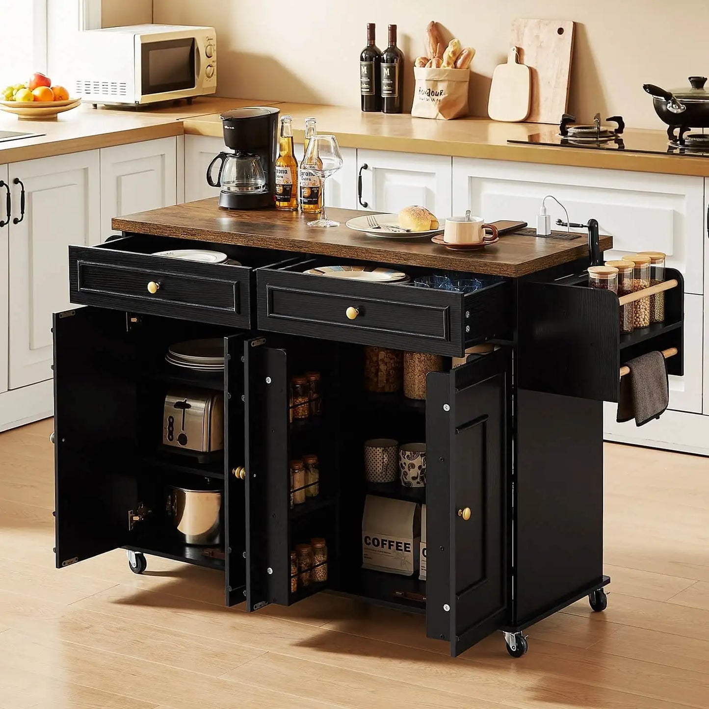 58 Inch Mobile Kitchen Island Cart With Drop Leaf And Power Outlet For Flexible Cooking Prep And Storage
