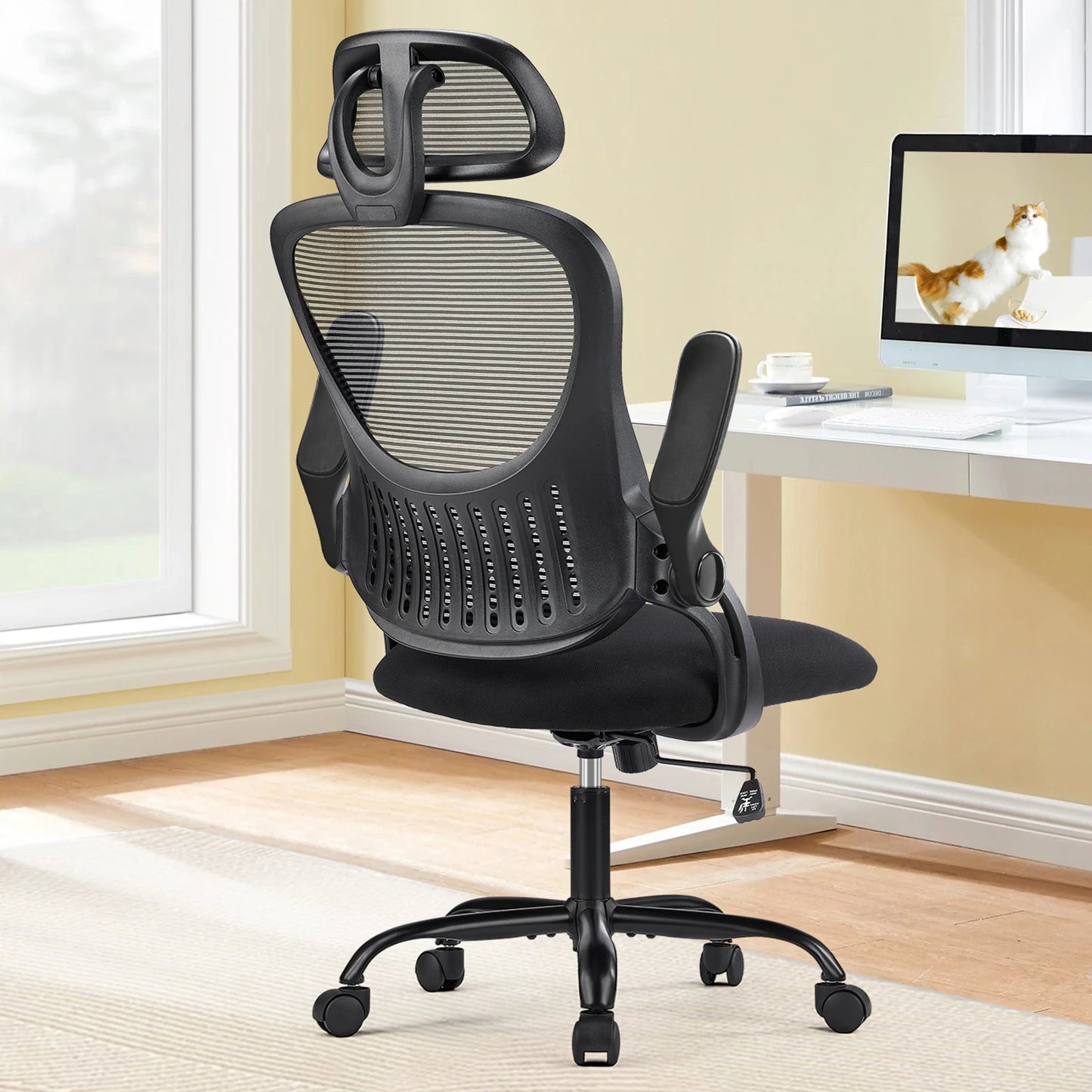 JHK Ergonomics Mesh Office Chair With Flip Up Arms Lumbar Support Mesh Back High Density Foam Seat