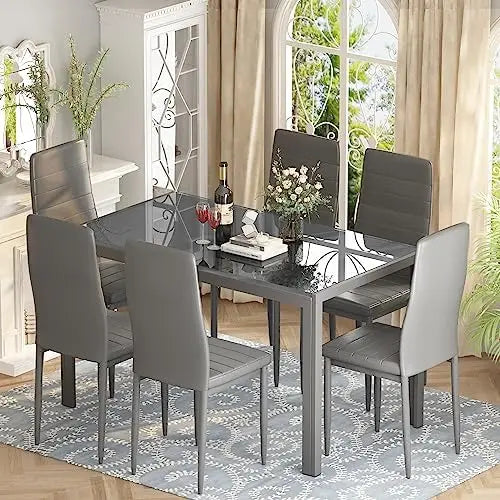 High Concerned 6 Seat Dining Set With Tempered Glass Table And PU Leather Chairs