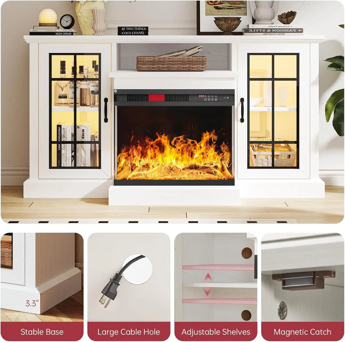 XMSJ Glass Fireplace TV Stand Three Sided Glass Doors