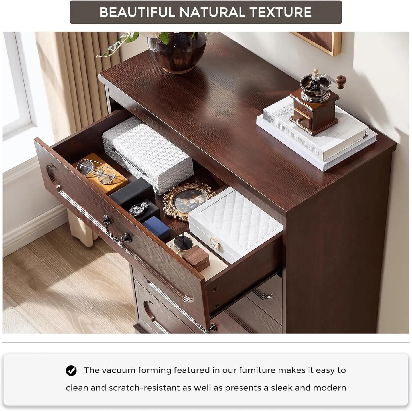 General Farmhouse Dresser Cherry Wood Bedroom Rustic Five Drawer Storage Chest With Durable Engineered Construction