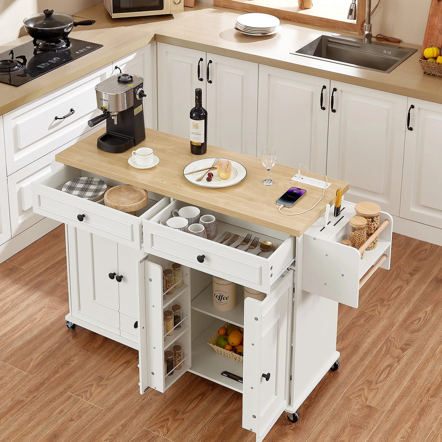 58 Inch Mobile Kitchen Island Cart With Drop Leaf And Power Outlet For Flexible Cooking Prep And Storage