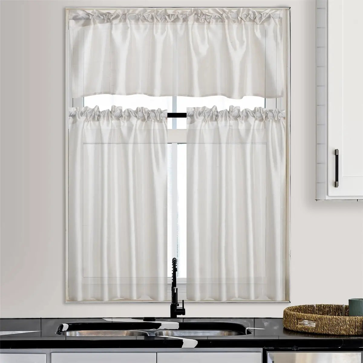 Jiangsu Faux Silk Sheer Curtains Three Panel Valance Rod Pocket Light Diffusing Window Treatment For Living Room