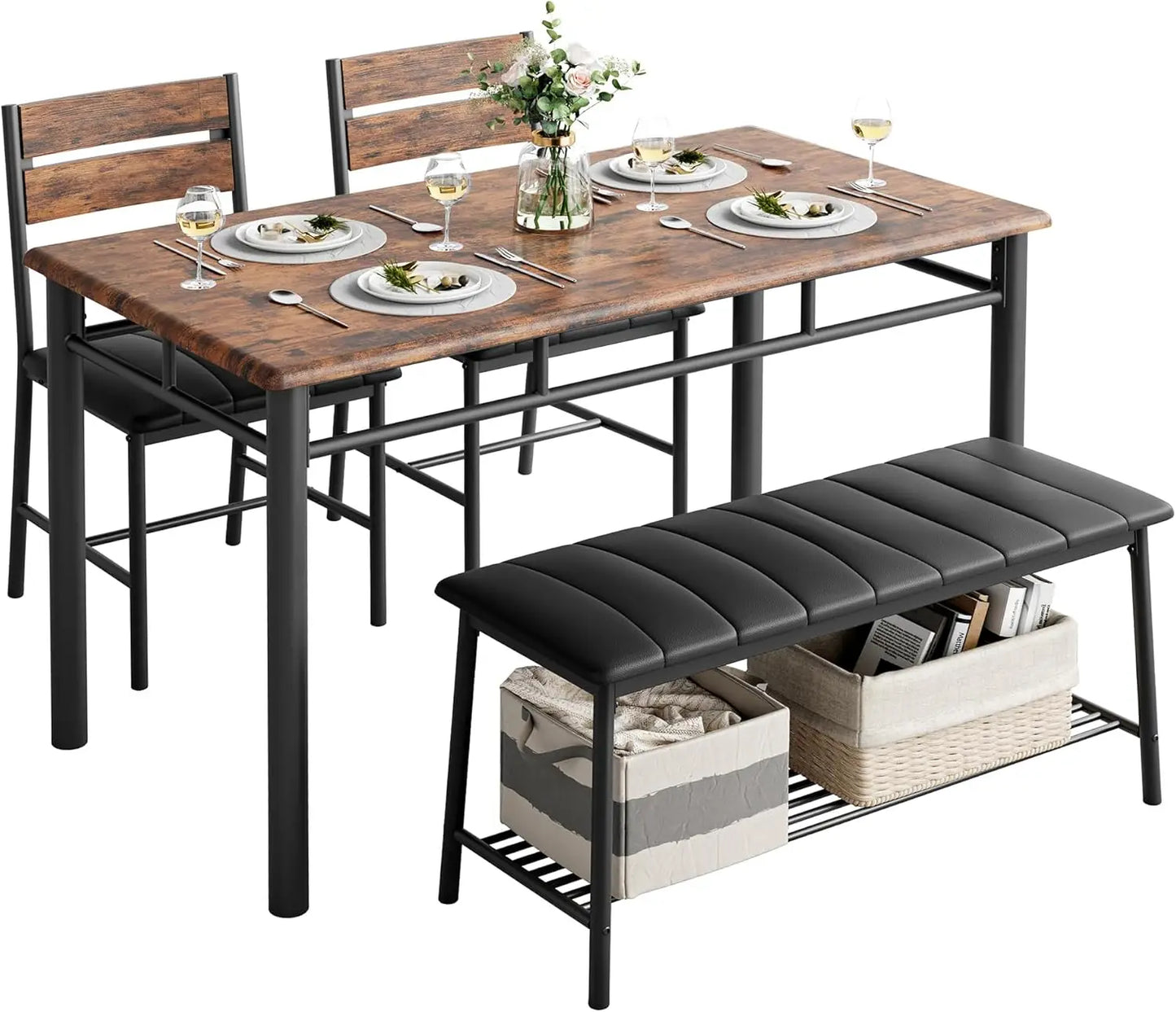 Ironck Four Piece Dining Table Set for Small Space with Upholstered Bench Metal and Engineered Wood