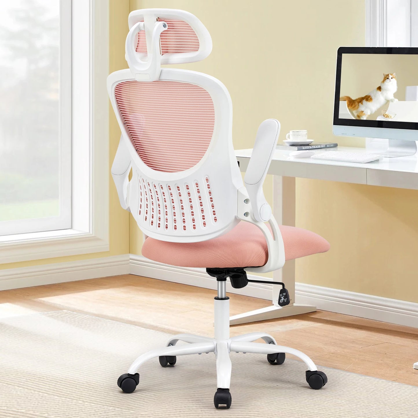 JHK Ergonomics Mesh Office Chair With Flip Up Arms Lumbar Support Mesh Back High Density Foam Seat