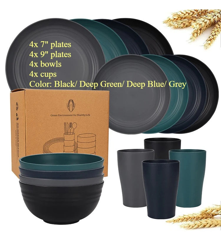 Natural Wheat Straw Tableware Set Plates Bowls Cups Biodegradable Lightweight Eco Friendly Dinnerware