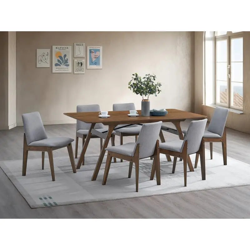 Walnut Finish Dining Set With Upholstered Chairs Modern 59 Inch Rectangular Table For Dining Room