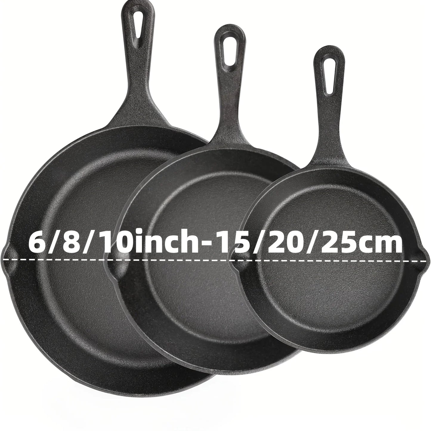 AEDG Three Piece Cast Iron Skillet Set Preseasoned Nonstick 6 Inch 8 Inch 10 Inch Pans