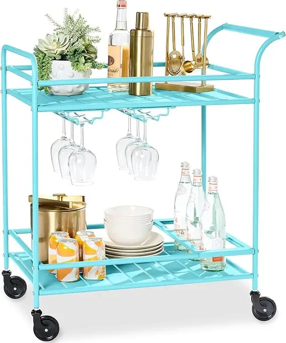 Outdoor Mobile Bar Cart With 2 Tier Storage Lockable Wheels