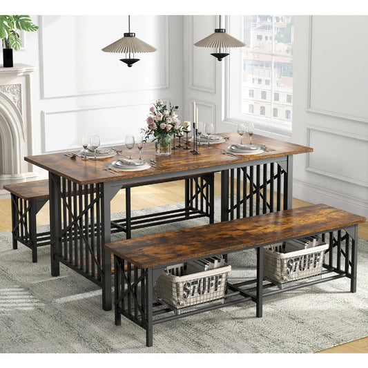 YANYING Rustic Industrial 3 Piece Dining Table Set Benches