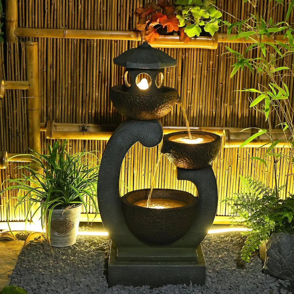 Outdoor Garden Zen Pagoda Water Fountain With LED Lights And Quiet Pump For Patios And Gardens