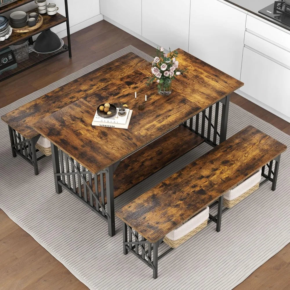 YANYING Rustic Industrial 3 Piece Dining Table Set Benches